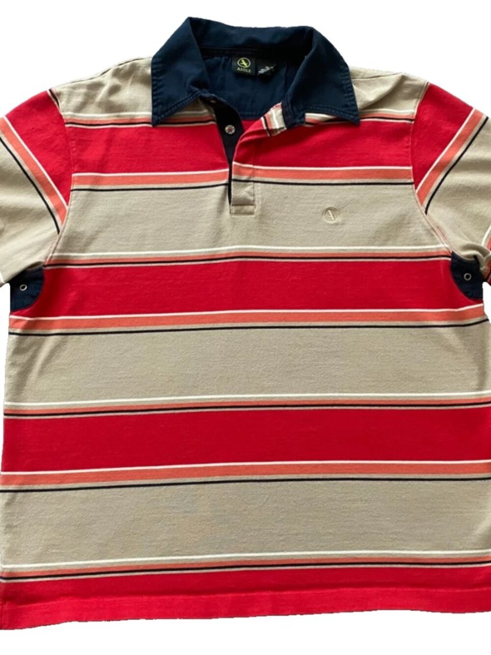 AIGLE Polo Shirt Men XL Stripe Rugby Red Beige Navy Heavy Weight 100% Cotton